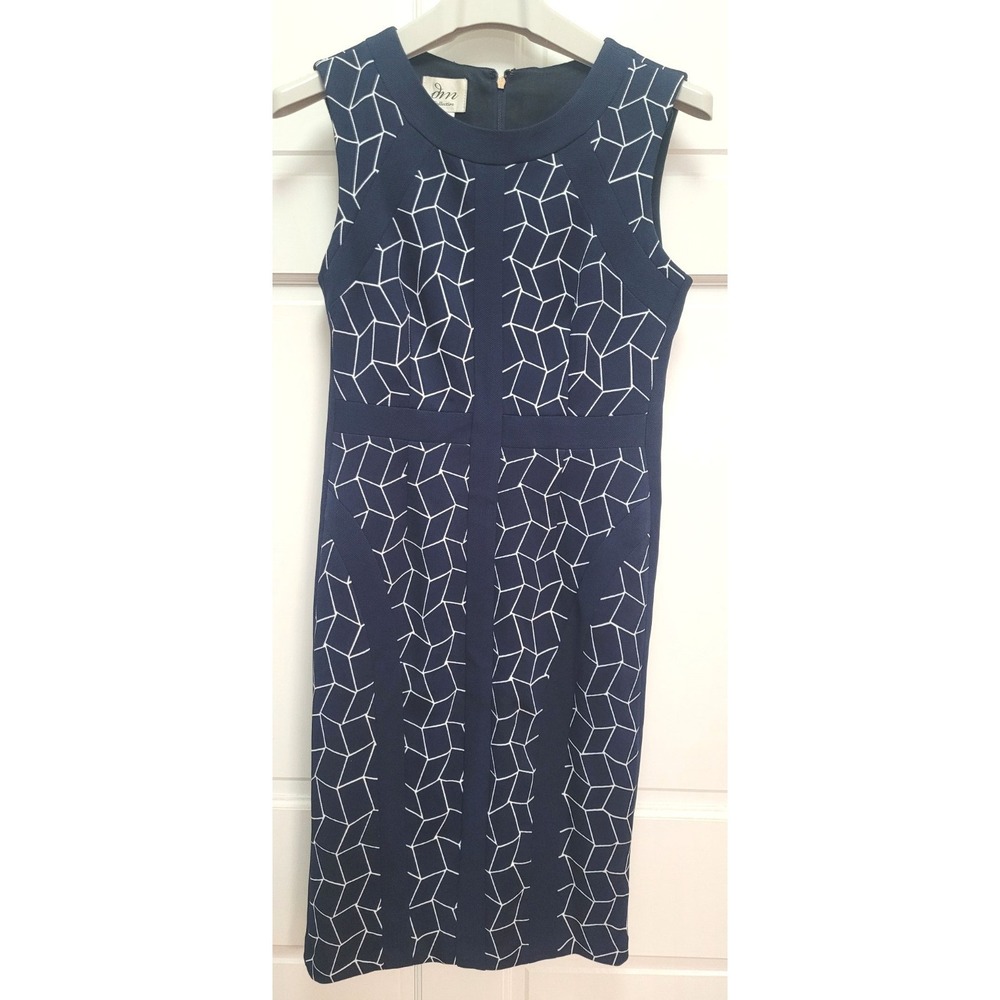 JM Collection Women's Fitted Sleeveless Geometric Print Sheath Dress - Blue Sz 4